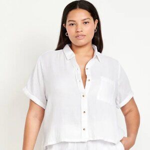 Old Navy white gauze short sleeve button down boxy crop cut size large B37